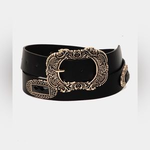 29. Embroidered Buckle Faux Leather Belt in Gold Black
